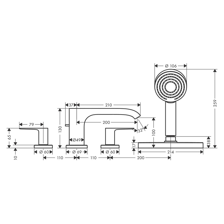 Купить Hansgrohe Vivenis Смеситель на край ванны на 4 отверстия с sBox черный матовый 75444670 в магазине wardena.ru