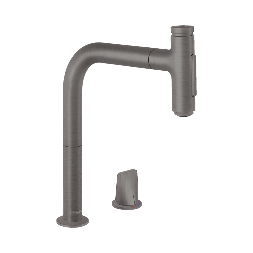 Купить Hansgrohe Metris Select M71 Кухонный смеситель на 2 отверстия однорычажный 200 с вытяжным душем 2jet sBox черный матовый 73818670 в магазине wardena.ru