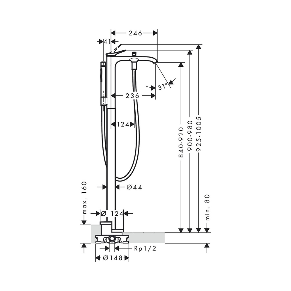 Купить Hansgrohe Vivenis Смеситель для ванны однорычажный напольный белый матовый 75445700 в магазине wardena.ru