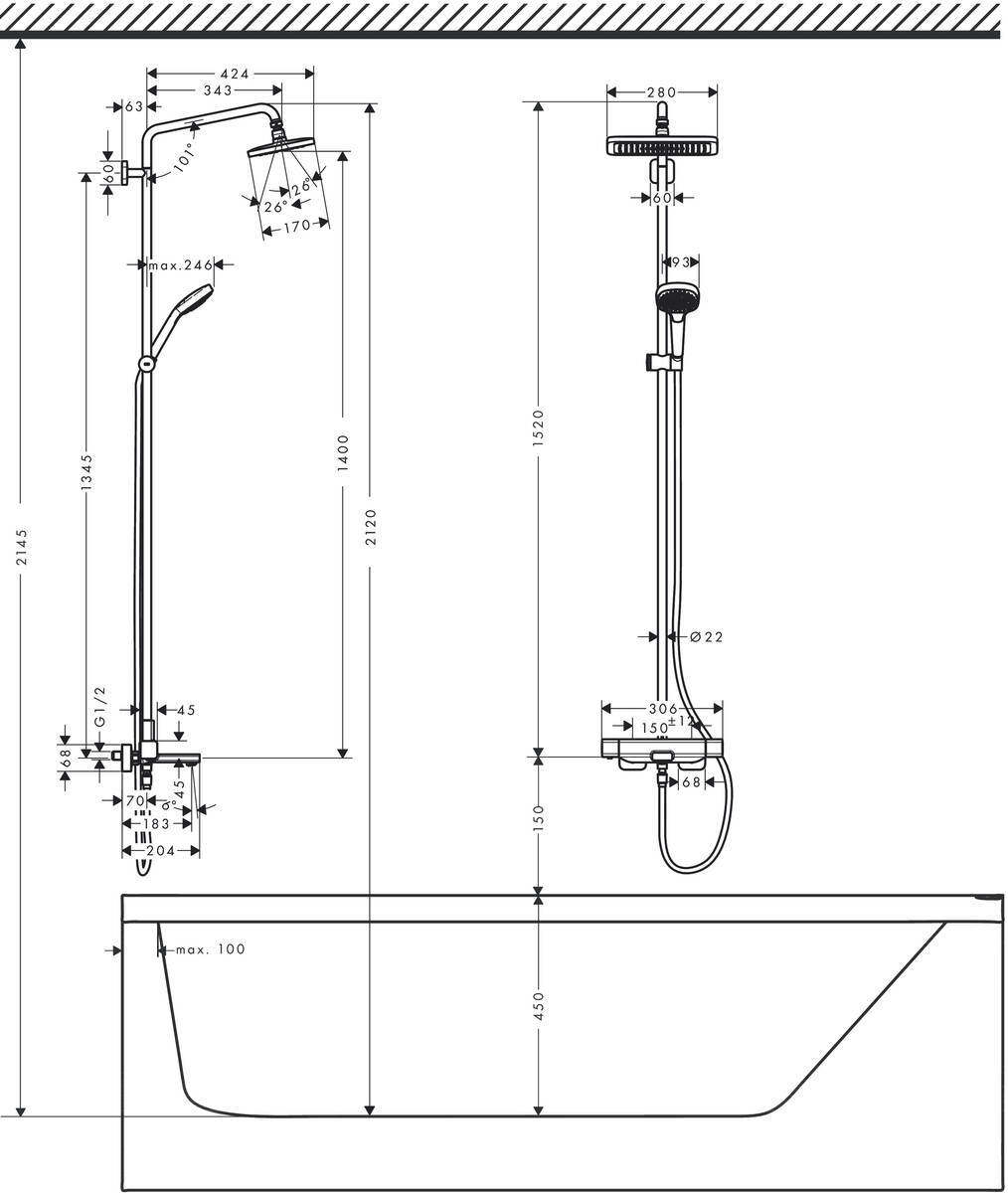Купить Hansgrohe Croma E Showerpipe 280 1jet Душевой набор с термостатом для ванны хром 27687000 в магазине wardena.ru