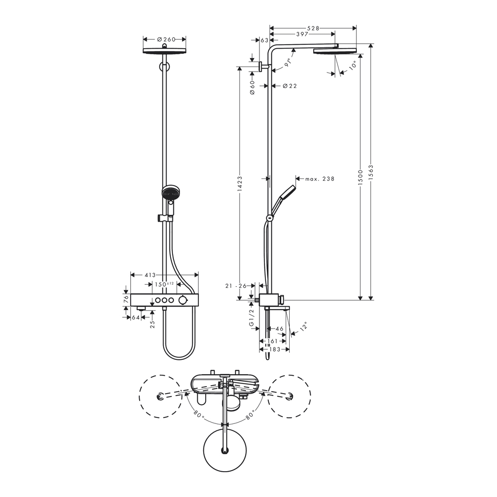 Купить Hansgrohe Pulsify S Showerpipe Душевая система 260 1jet с термостатом для ванны ShowerTablet 400 хром 24230000 в магазине wardena.ru