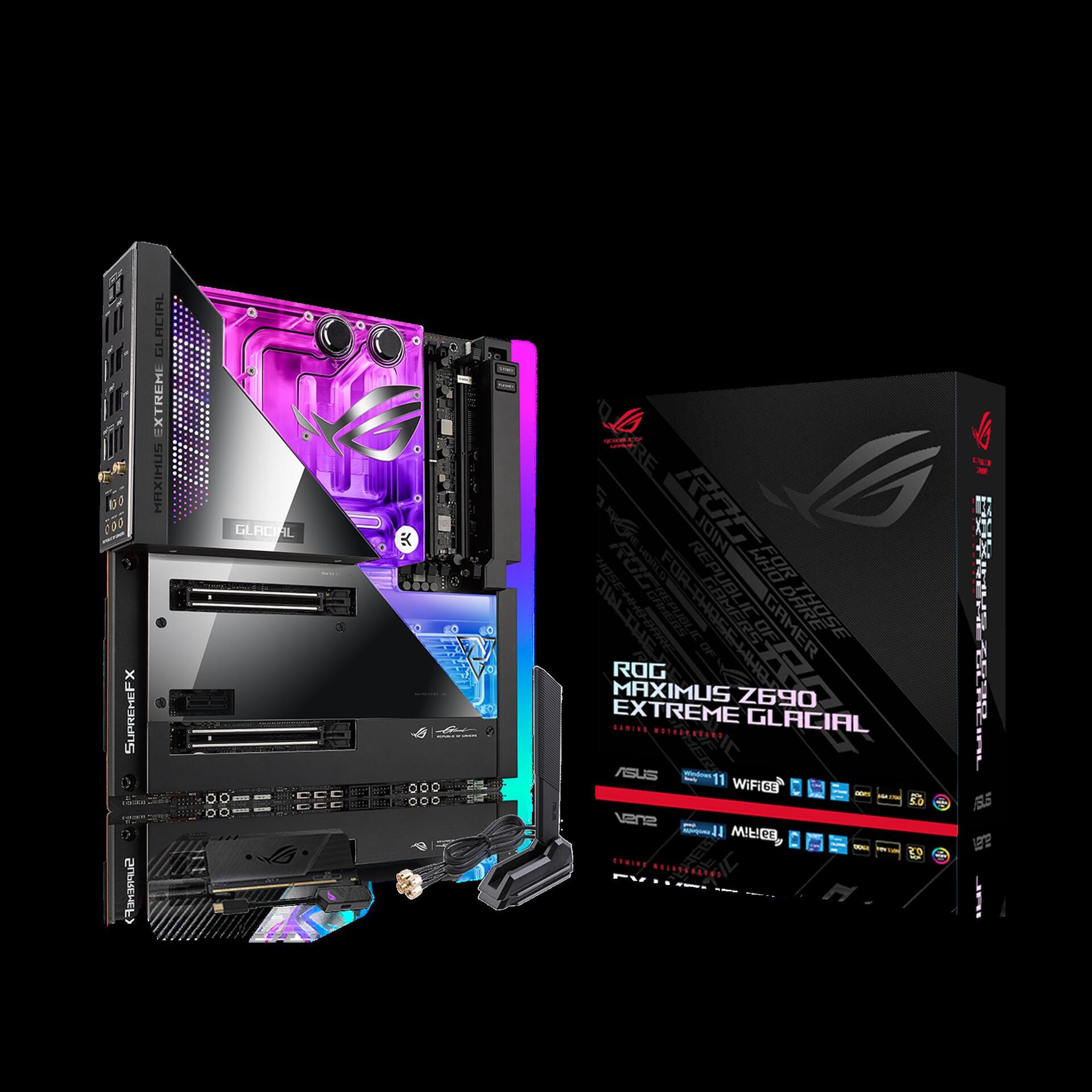 Купить ASUS ROG MAXIMUS Z690 EXTREME GLACIAL - Motherboard - Erweitertes ATX - LGA1700-Sockel - Z690 Chipsatz - USB-C Gen2, USB 3.2 Gen 1, USB 3.2 Gen 2, USB-C Gen 2x2, USB4 - 10 Gigabit LAN, 2.5 Gigabit LAN, Wi-Fi, Bluetooth - (90MB1A60-M0EAY0) в магазине wardena.ru