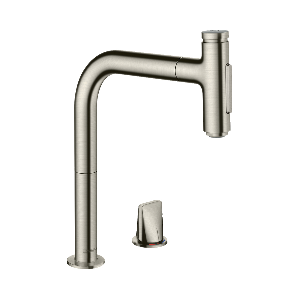 Купить Hansgrohe Metris Select M71 Кухонный смеситель на 2 отверстия однорычажный 200 с вытяжным душем 2jet sBox черный матовый 73818670 в магазине wardena.ru