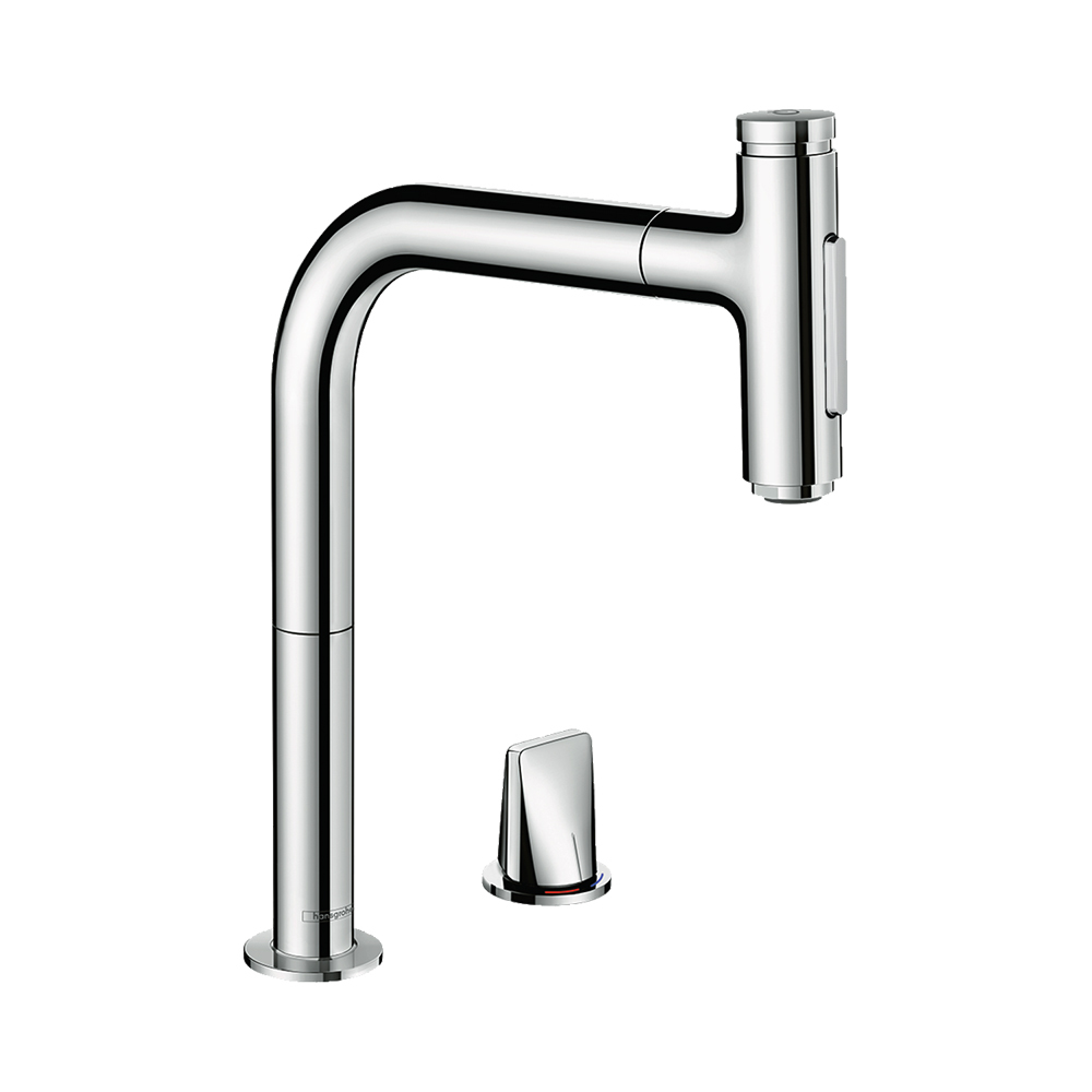 Купить Hansgrohe Metris Select M71 Кухонный смеситель на 2 отверстия однорычажный 200 с вытяжным душем 2jet sBox хром-черный матовый 73818340 в магазине wardena.ru