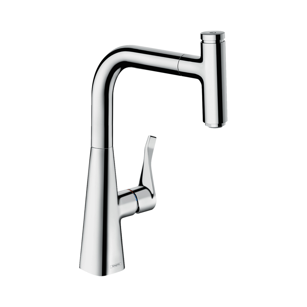 Купить Hansgrohe Metris Select M71 Кухонный смеситель однорычажный 240 с вытяжным изливом 1jet sBox сталь 73802800 в магазине wardena.ru