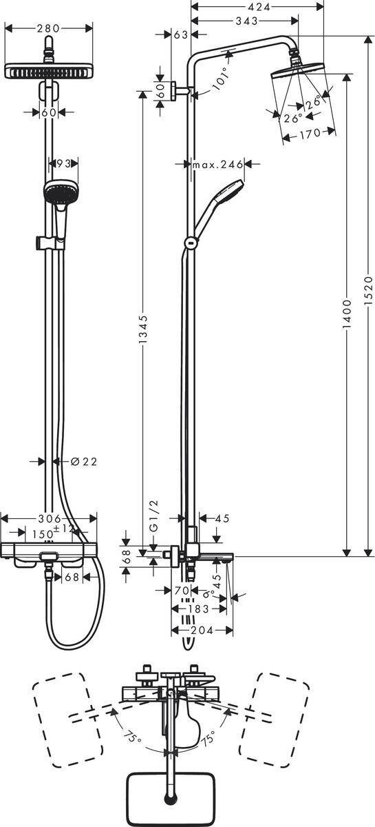 Купить Hansgrohe Croma E Showerpipe 280 1jet Душевой набор с термостатом для ванны хром 27687000 в магазине wardena.ru