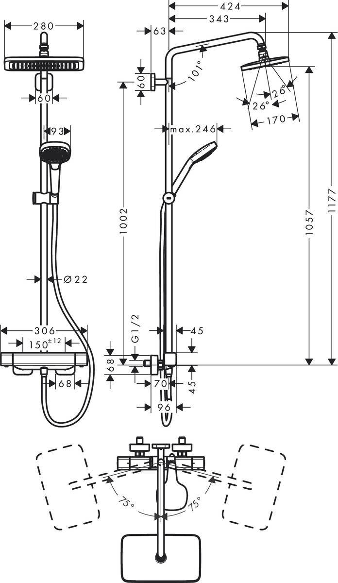 Купить Hansgrohe Croma E Showerpipe 280 1jet Душевой набор с термостатом хром 27630000 в магазине wardena.ru