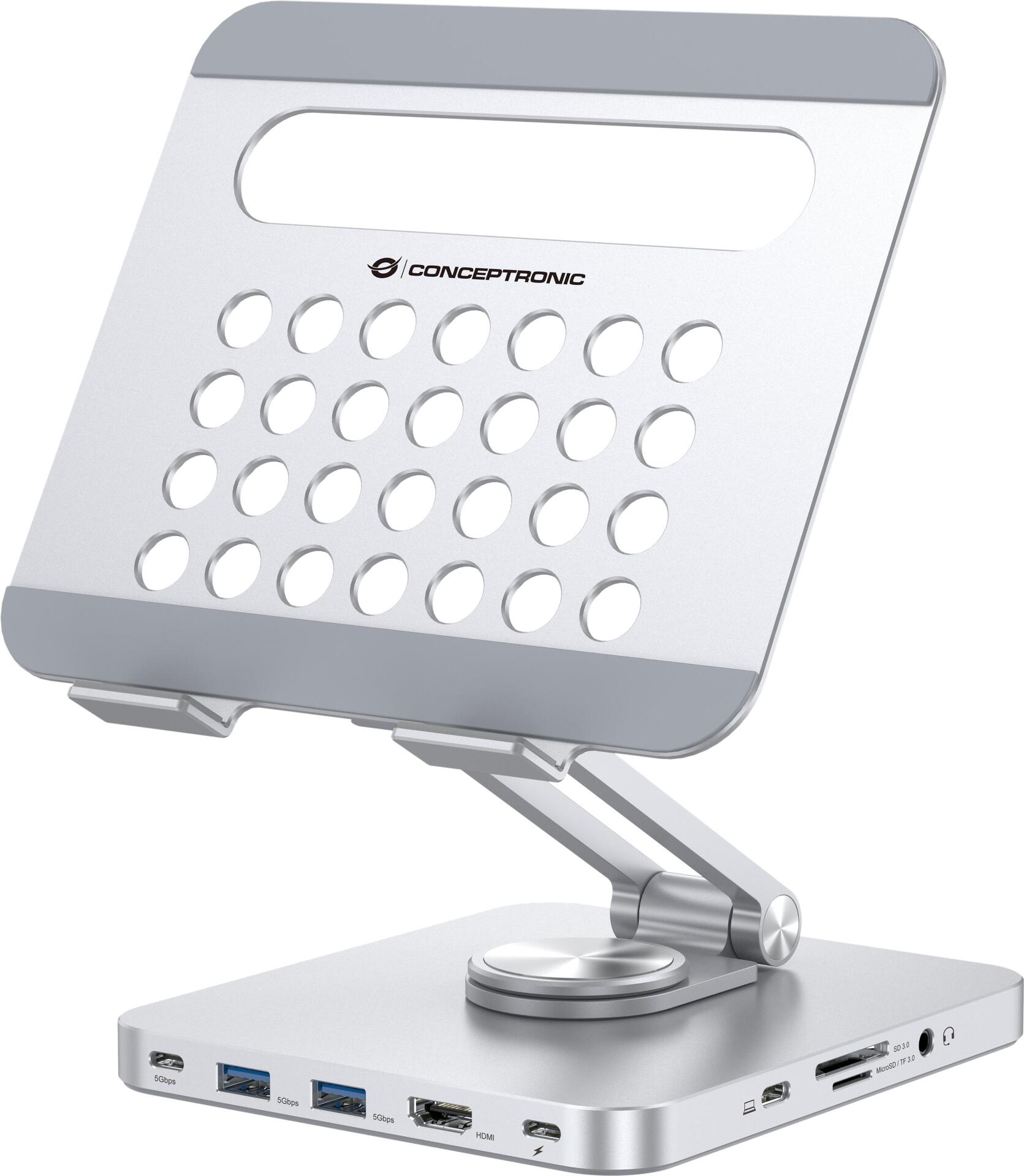 Купить Conceptronic DONN26G Tablet-Ständer mit 8-in-1-Dockingstation - 360° drehbare Basis - faltbar - höhenverstellbar (DONN26G) в магазине wardena.ru