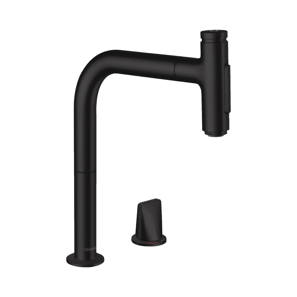 Купить Hansgrohe Metris Select M71 Кухонный смеситель на 2 отверстия однорычажный 200 с вытяжным душем 2jet sBox хром-черный матовый 73818340 в магазине wardena.ru